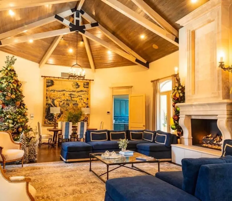 Scissor timber trusses in a residential great room