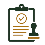 clipboard with a checkmark and rubber stamp