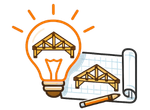 a lightbulb and architectural blueprints/plans with a wooden roof truss